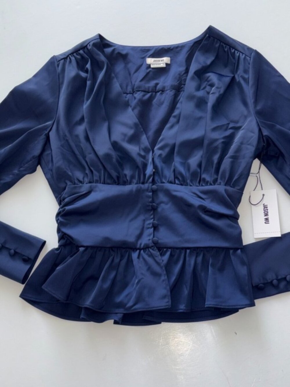 NEW NWT Jason Wu Deep Navy Blue Silk Peplum Top Buttons Classic Ruffle XS